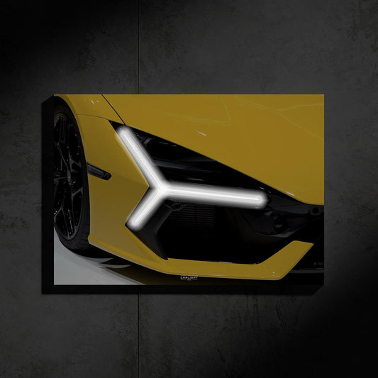 poster métallique lamborghini revuelto giallo avec néon led